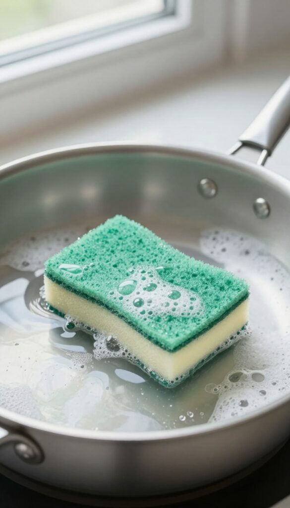 Cleaning a greasy pan with hot water and dish soap, sponge on the side.