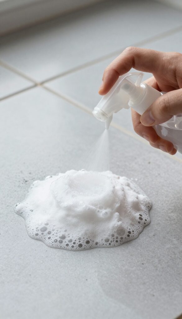 Spraying vinegar solution on baking soda paste on tile grout, causing fizzing reaction