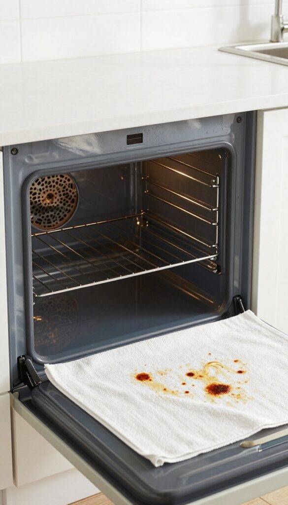 Oven racks removed and resting on a towel next to an open oven, with bright natural light highlighting the clean kitchen.