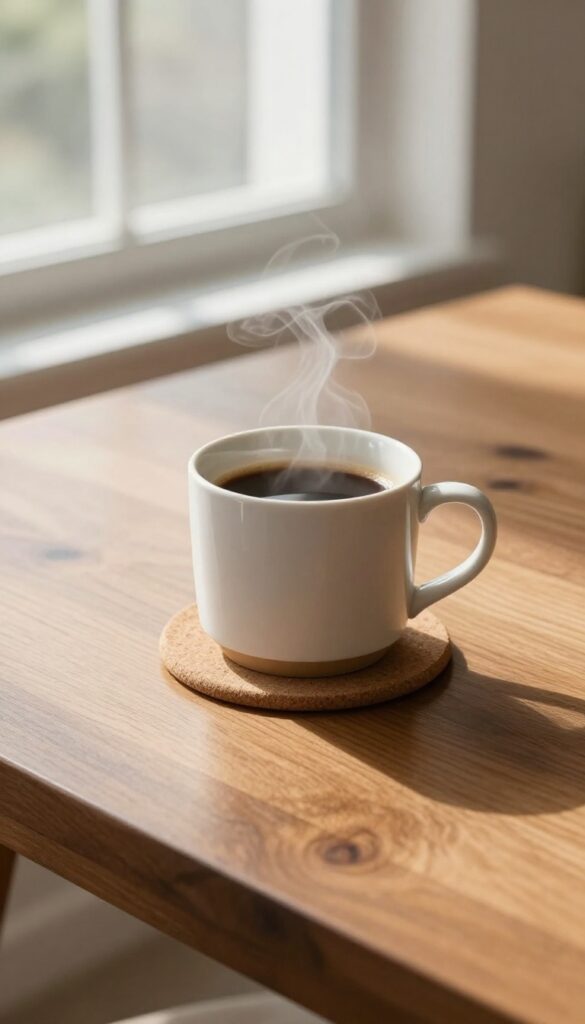 Polished wood table with coffee mug on cork coaster, natural light