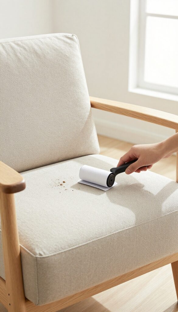 Hand using a lint roller on a fabric armchair cushion in a sunlit living room, picking up dust and pet hair.