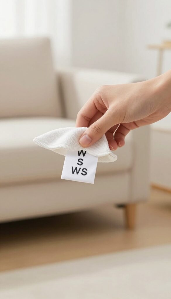 Hand flipping microfiber couch cushion to show cleaning tag
