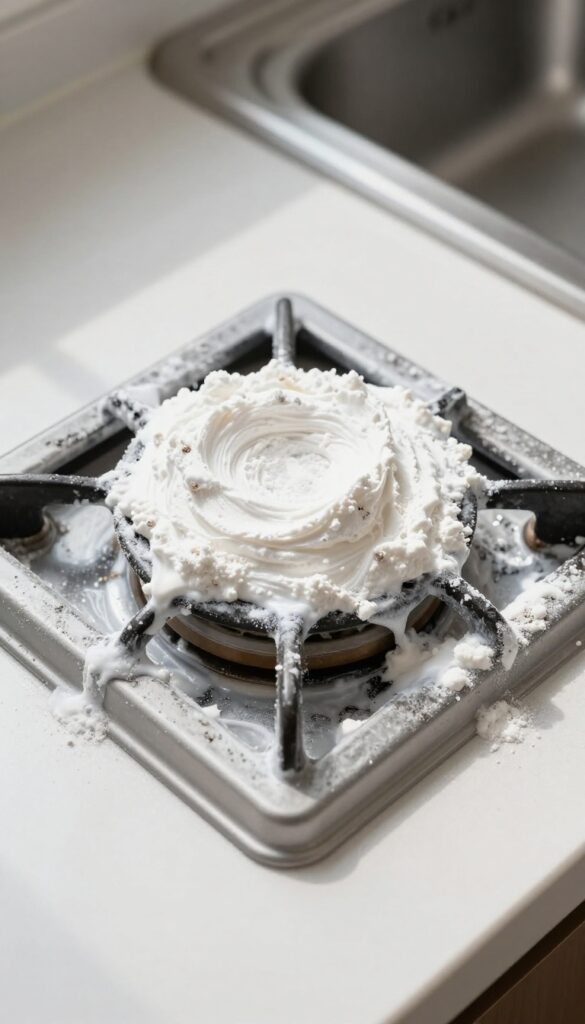 Baking soda paste applied to a greasy stove burner grate for cleaning