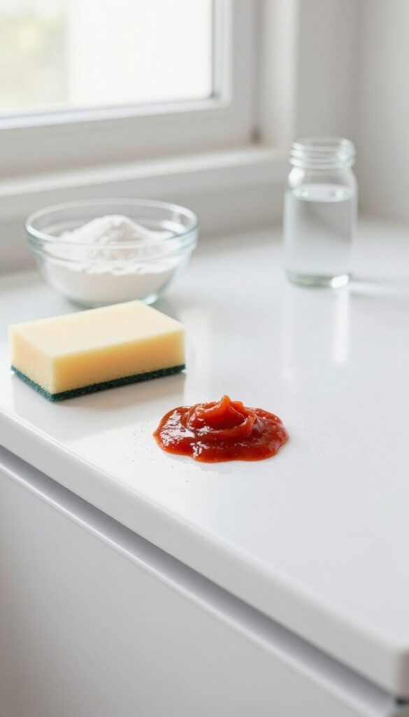 Applying baking soda paste to a stubborn stain on a refrigerator shelf