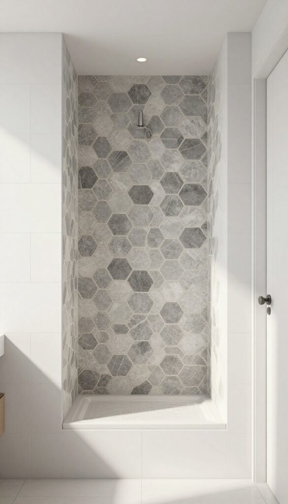 Hexagon mosaic tile accent in shower niche with contrasting grout lines