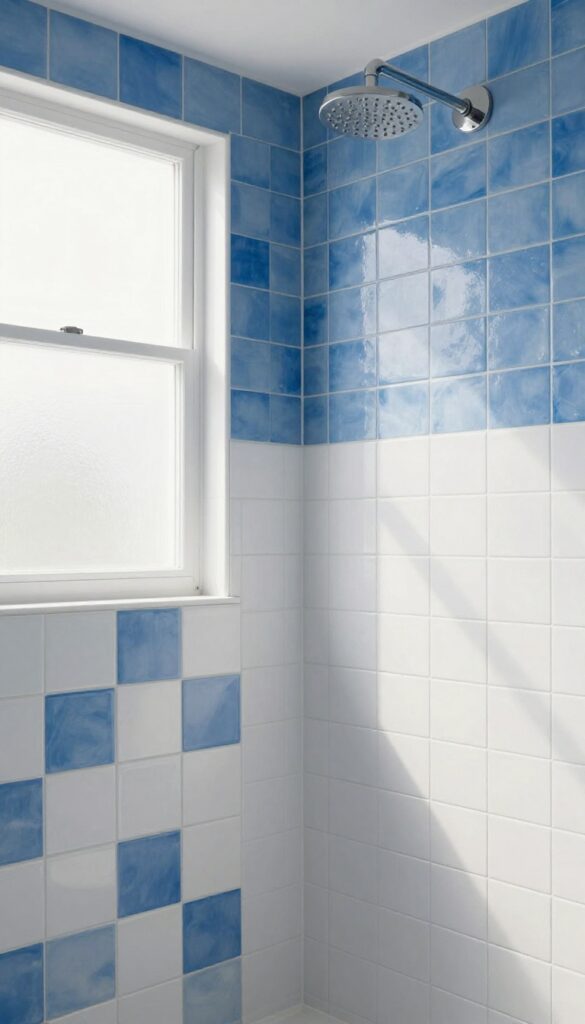 Blue and white basket weave tile pattern on a shower floor in a bright, clean bathroom
