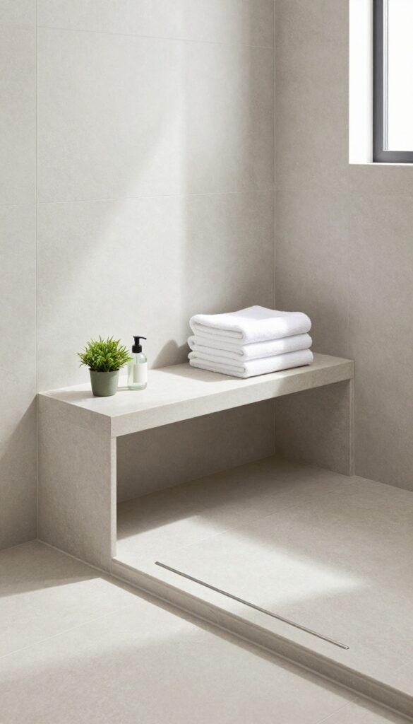 Small shower with built-in stone bench and hidden storage