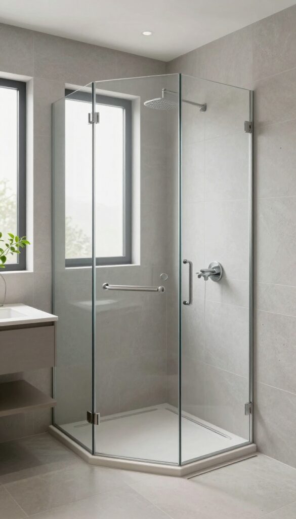 Small bathroom with curbless shower tray, seamless stone flooring, and frameless glass partition
