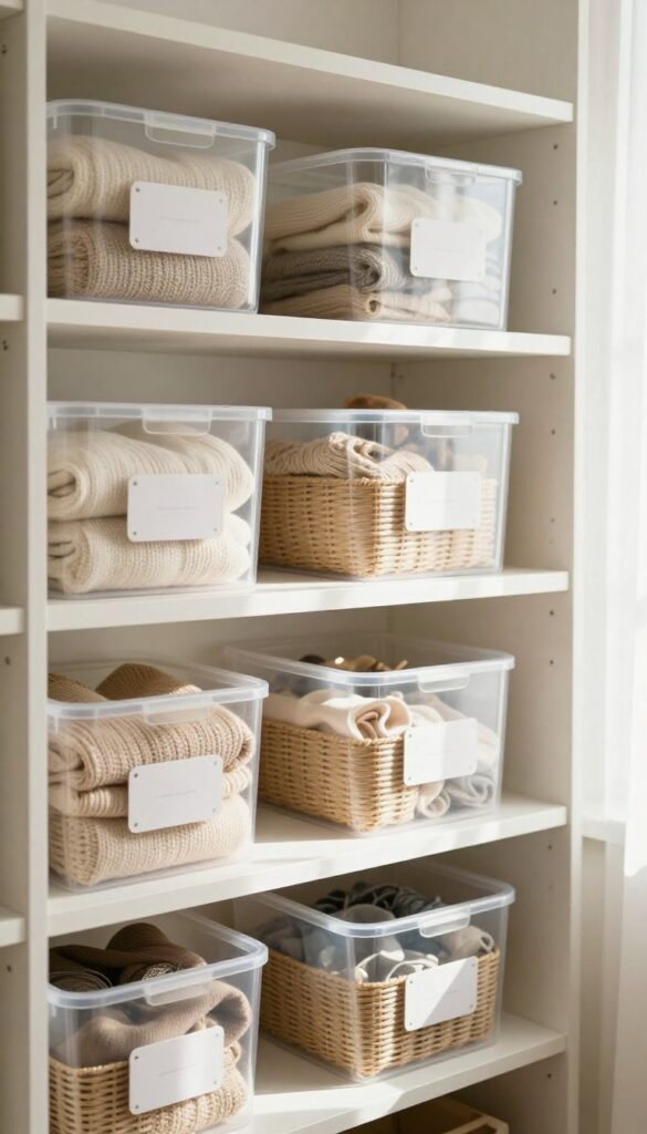 Organized closet with labeled bins and shelves, bright natural light, tidy and minimalist decor inspiration
