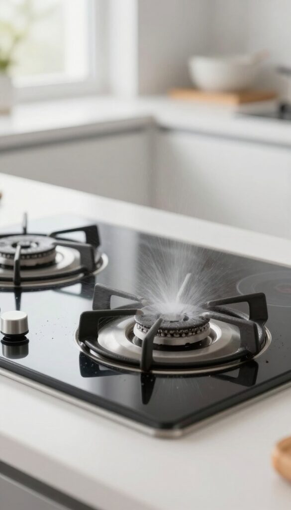 Close-up of a gas stove top with commercial degreaser spray on a greasy burner grate