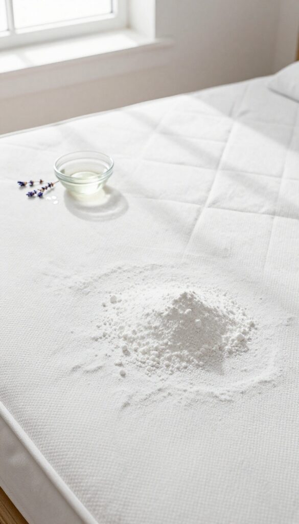 Mattress covered with a thick layer of baking soda for deep cleaning, with essential oil nearby in natural light
