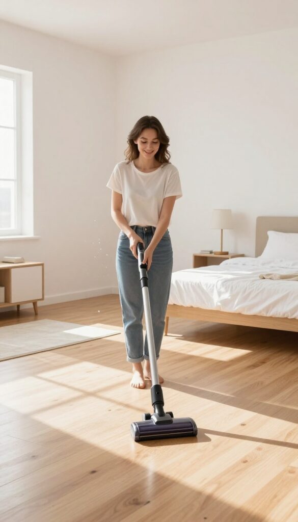 Woman vacuuming a clean hardwood floor in a bright, tidy bedroom with sunlight streaming in.