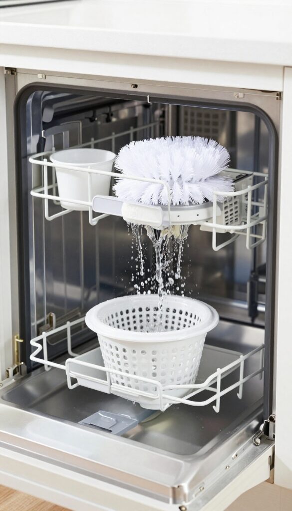 Cleaning dishwasher filter and interior with vinegar and brush