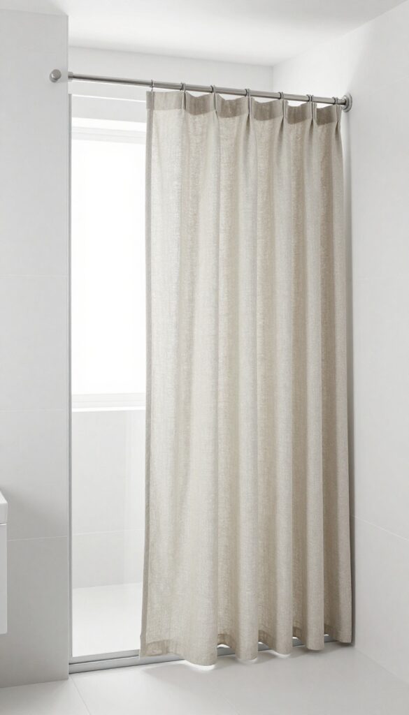 Café-style curtain on lower half of glass shower door for privacy, with natural light coming through the top.
