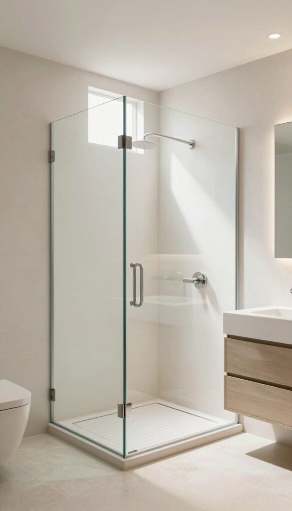 Floor-to-ceiling glass panel shower in a bright, modern bathroom