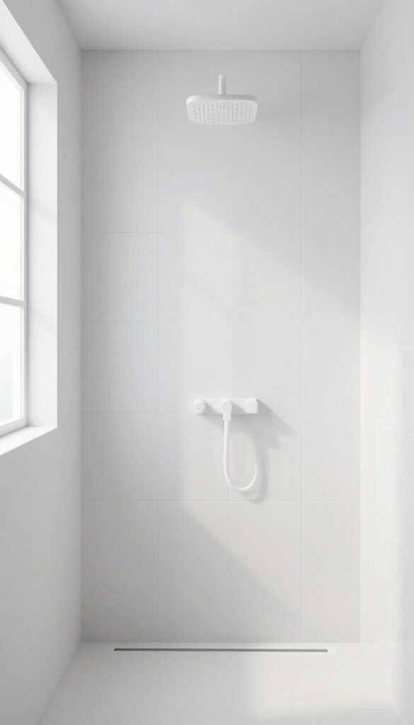 Modern bathroom shower with vertical stacked glossy white tiles, creating an illusion of higher ceiling.