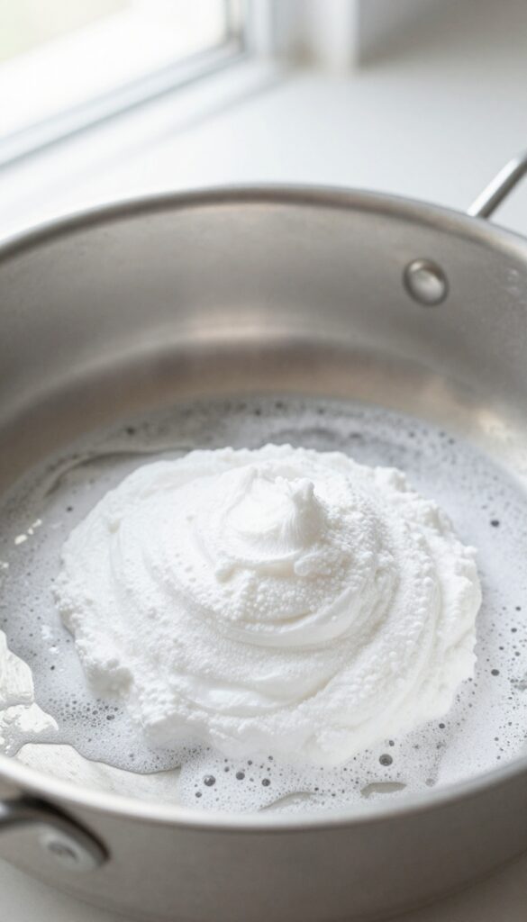 Baking soda paste on a greasy stainless steel pan, natural light, kitchen cleaning