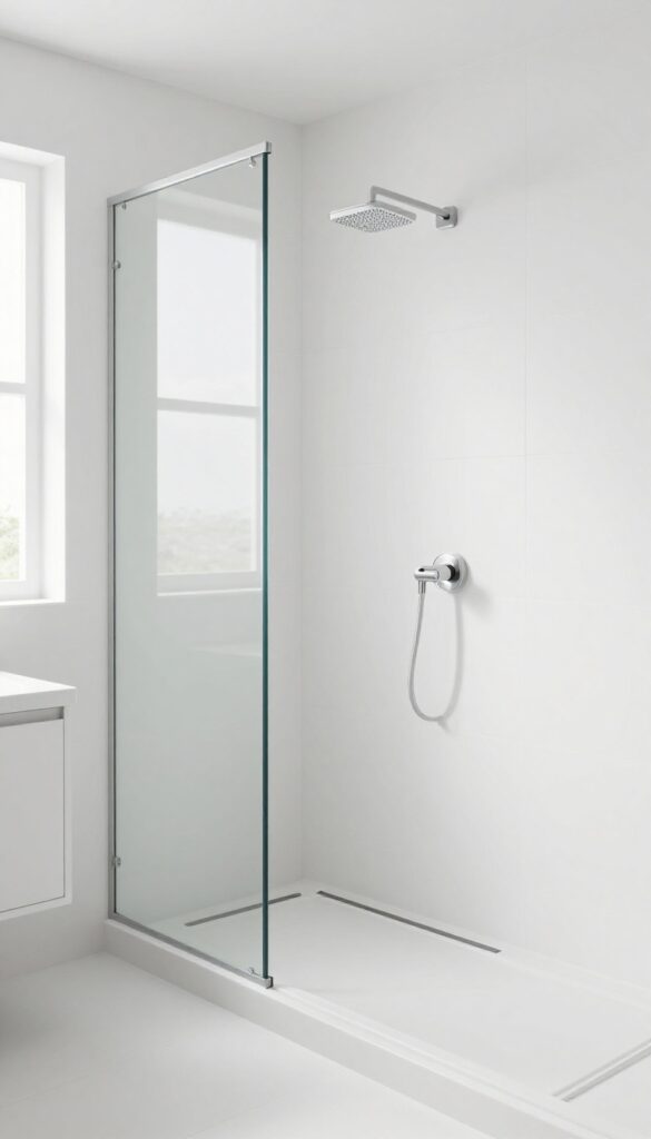 Tiny bathroom with offset shower head on side wall, rectangular shower pan, and glass door