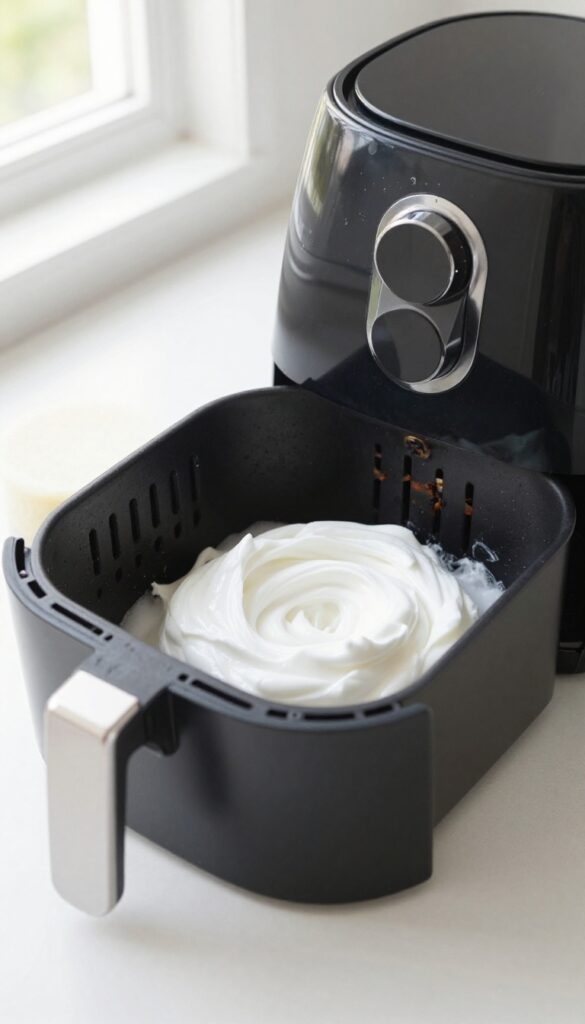 Air fryer basket with baking soda paste on stubborn grime, soft sponge nearby, bright natural light