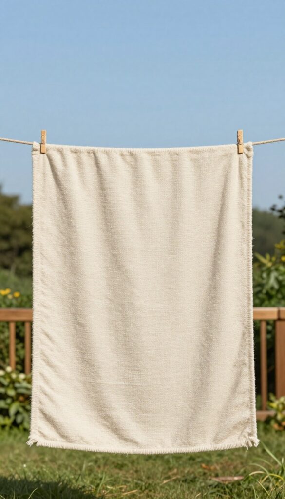 A large rug hanging on a clothesline in a sunny backyard, drying completely to prevent mold.