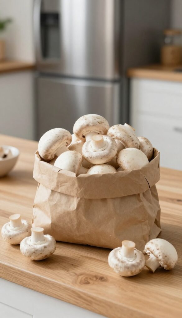 Brown paper bag with fresh mushrooms on a kitchen counter, natural lighting, organized fridge storage idea