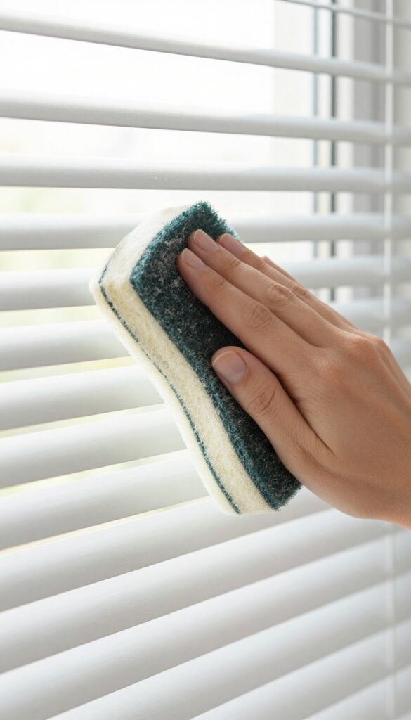 A hand using a damp sponge to clean horizontal blinds