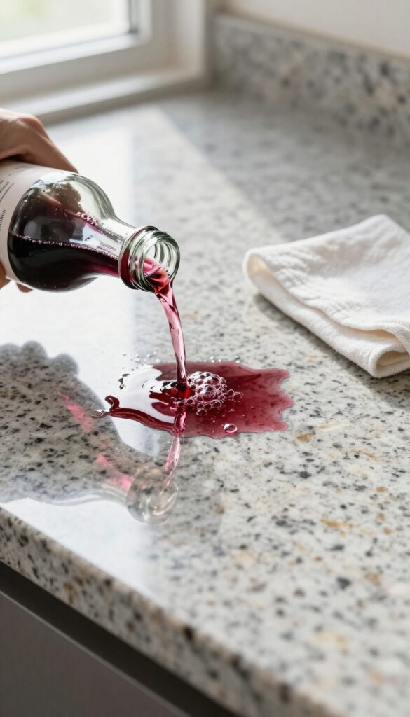Club soda poured on a red wine spill on a granite countertop with a cloth nearby.