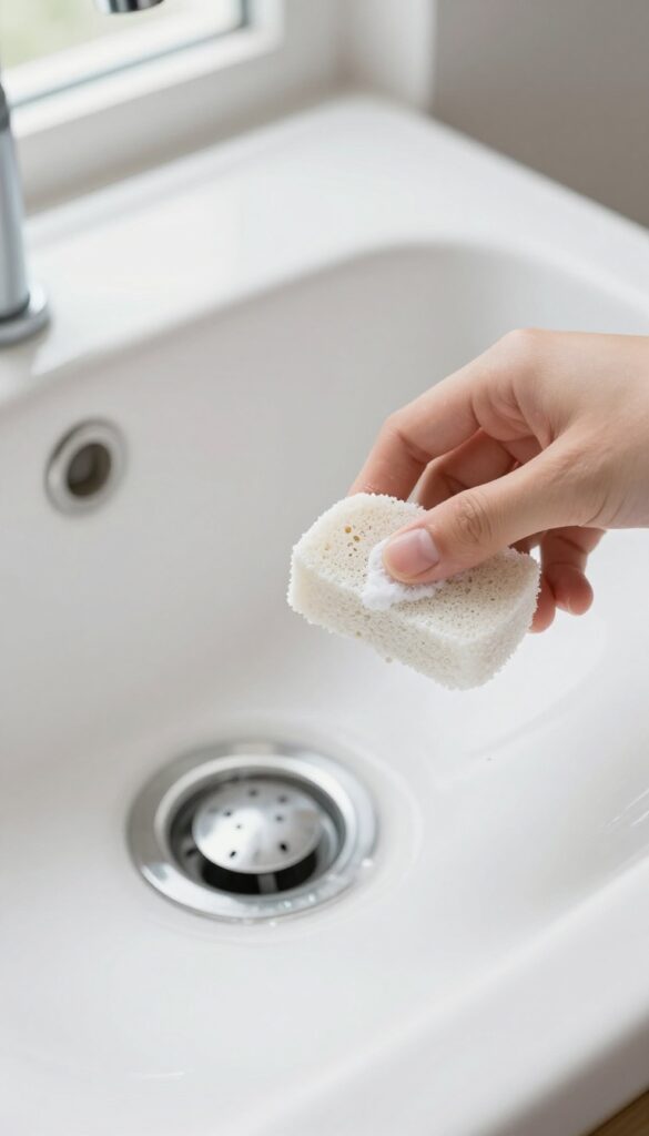 Hand using a wet pumice stone to scrub a hard water ring on a white porcelain sink