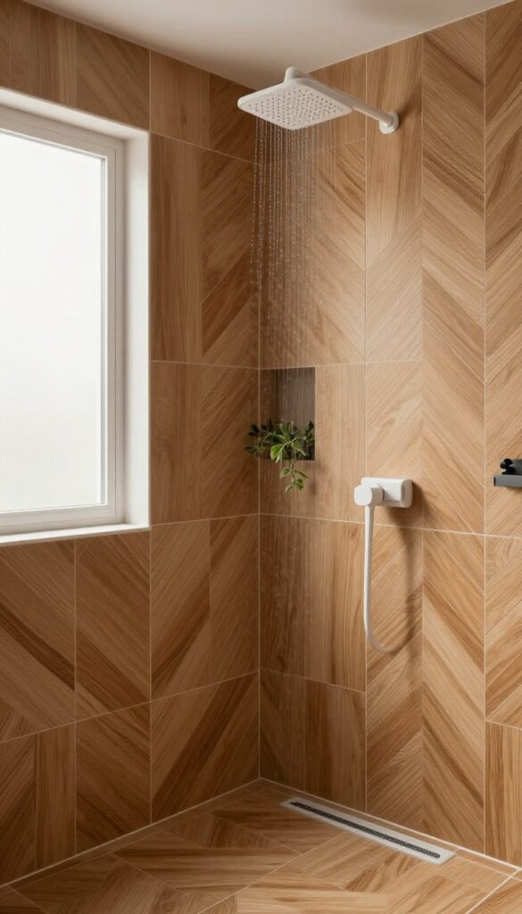 Wood-look porcelain planks in herringbone pattern in a bright shower with natural light