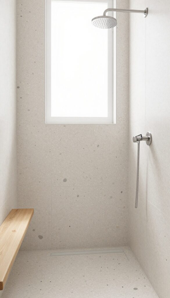 Modern bathroom shower with terrazzo-inspired tile, matte finish, and natural light