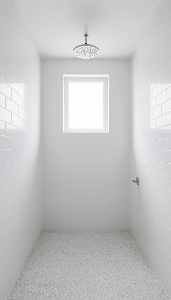 Small shower room with flush-mount rainfall showerhead on ceiling, white tiles, natural light, minimalist design