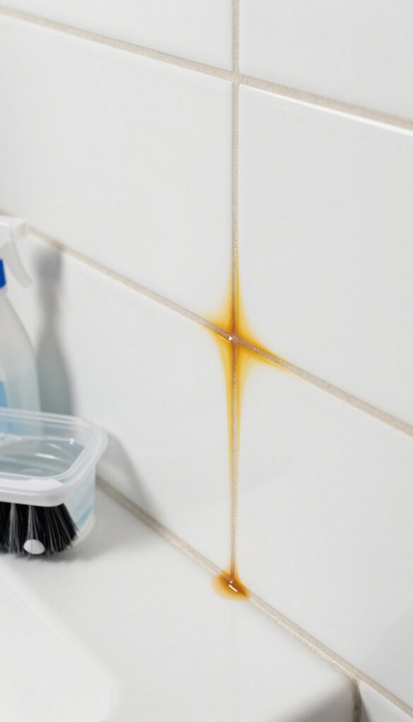Oxygen bleach soak applied to white grout on bathroom tiles, with cleaning tools nearby.
