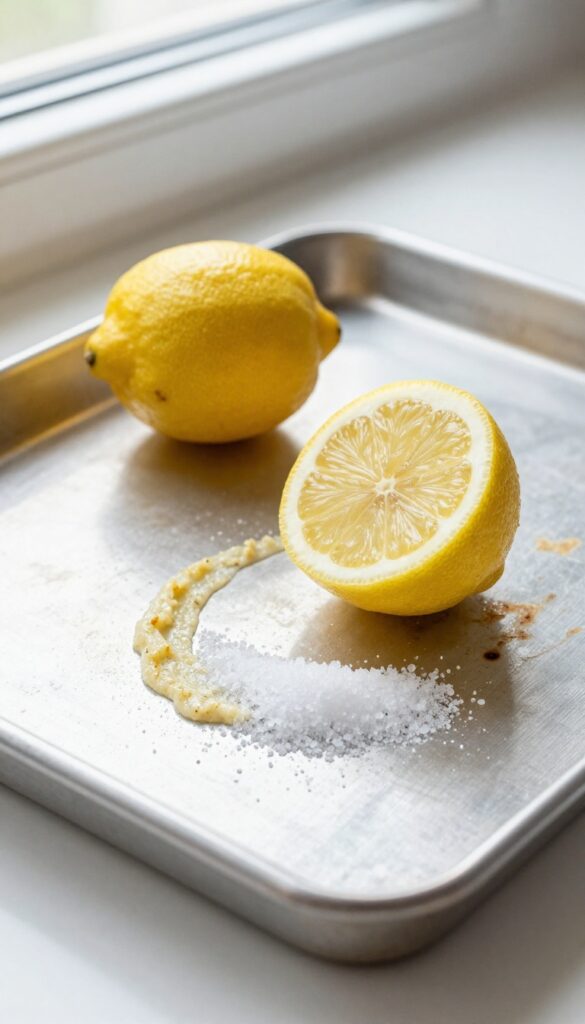 Lemon and salt scrub cleaning a burnt baking sheet