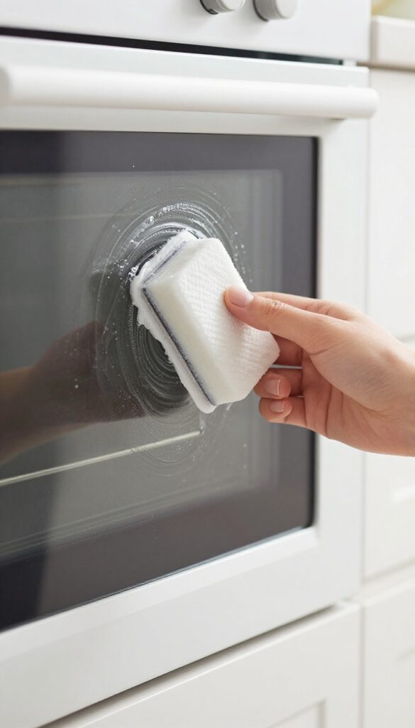 Hand using a Magic Eraser to clean oven glass window