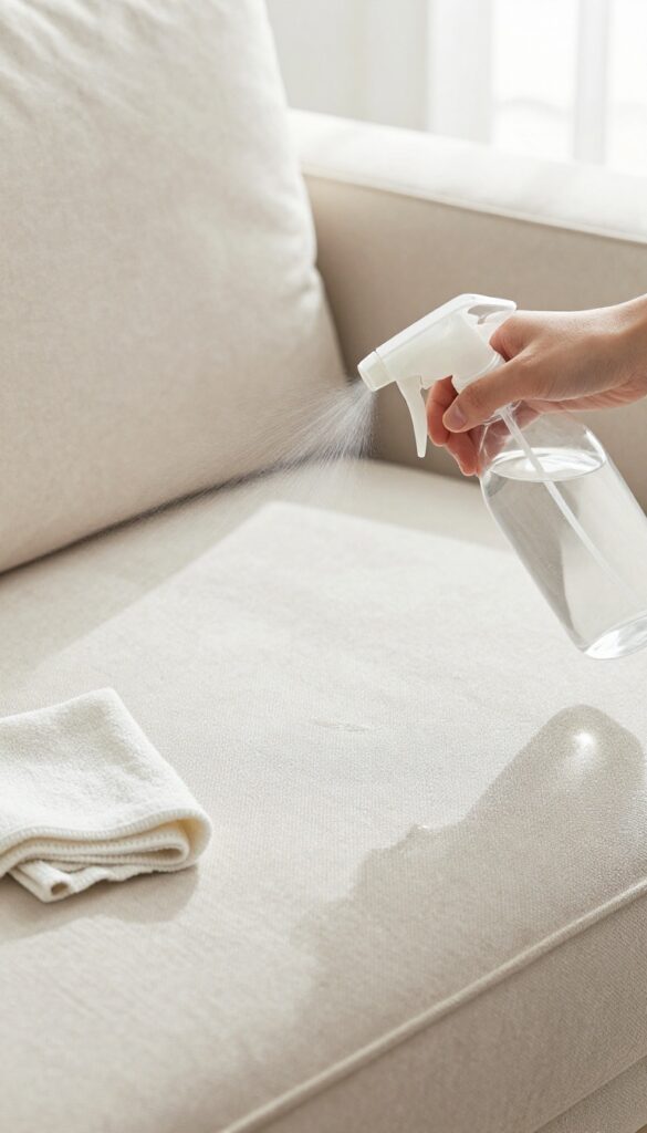 Spraying vinegar and distilled water solution on couch fabric