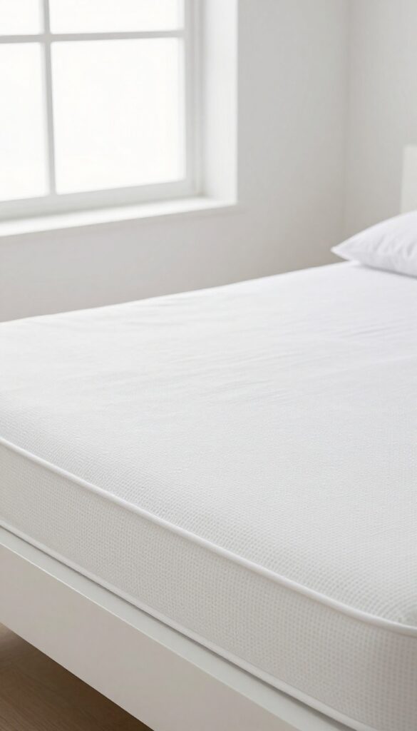 A clean white bed with a fitted mattress protector in bright natural light