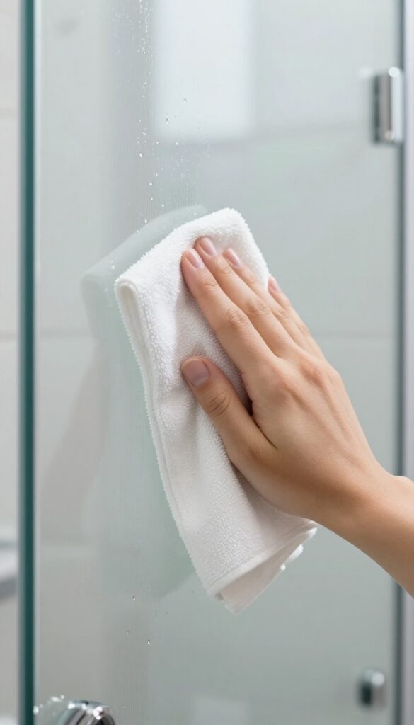 Hand buffing a glass shower door with a microfiber cloth for extra shine.