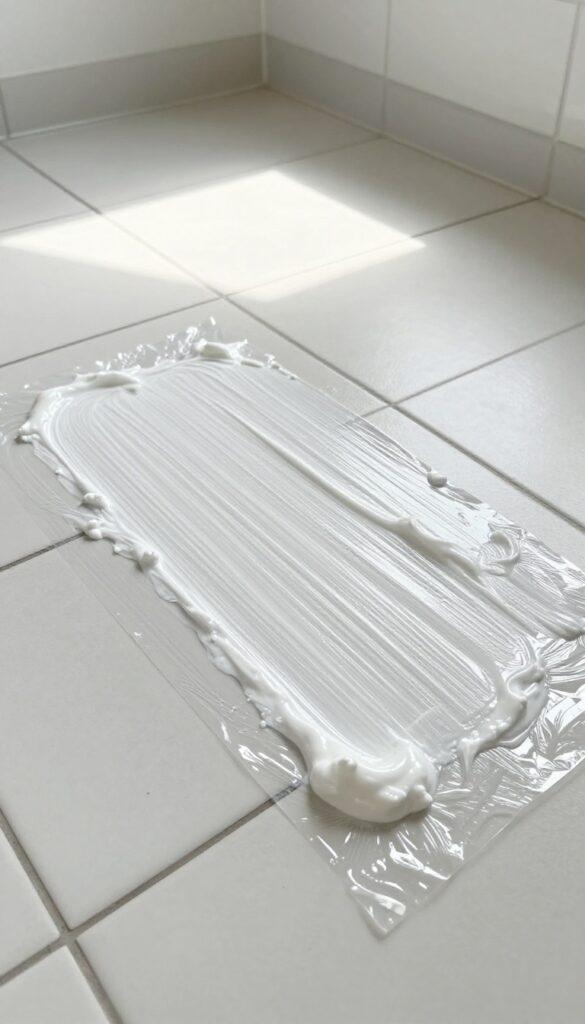Applying oxygen bleach paste on dark bathroom grout with plastic wrap cover