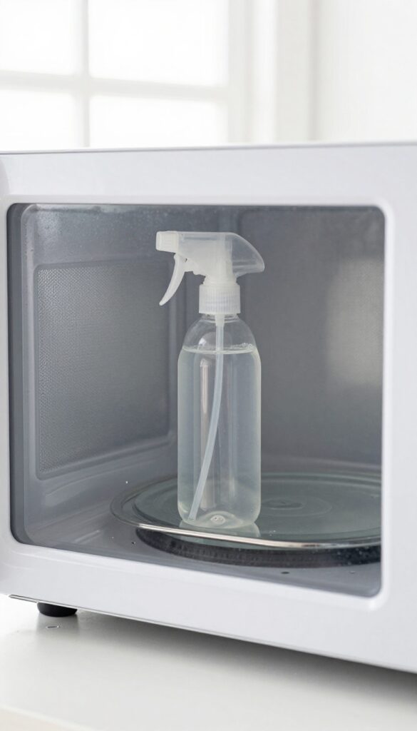 Spray bottle of dish soap and water inside a clean microwave