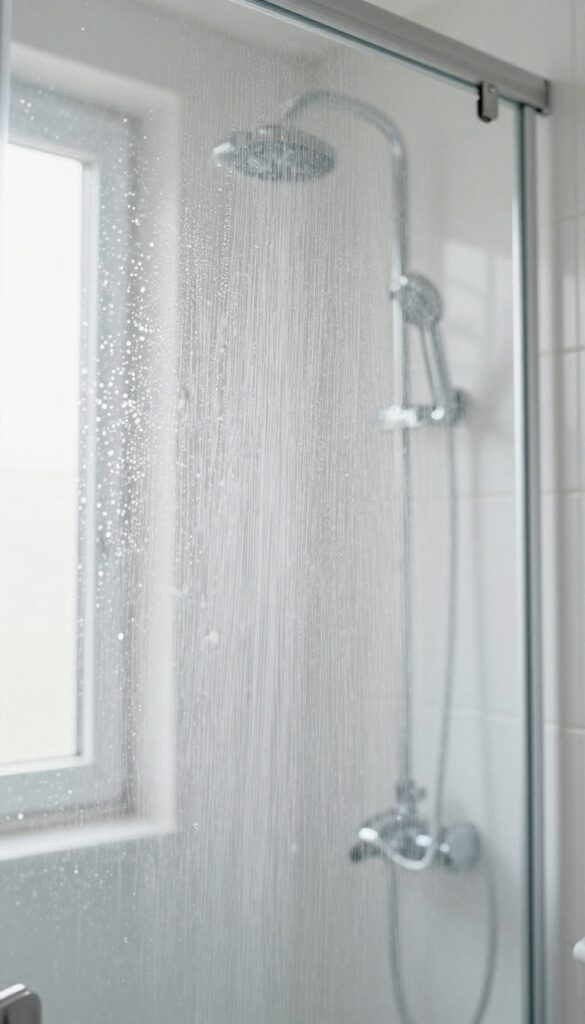 Spraying vinegar solution on a soap-scum-covered glass shower door