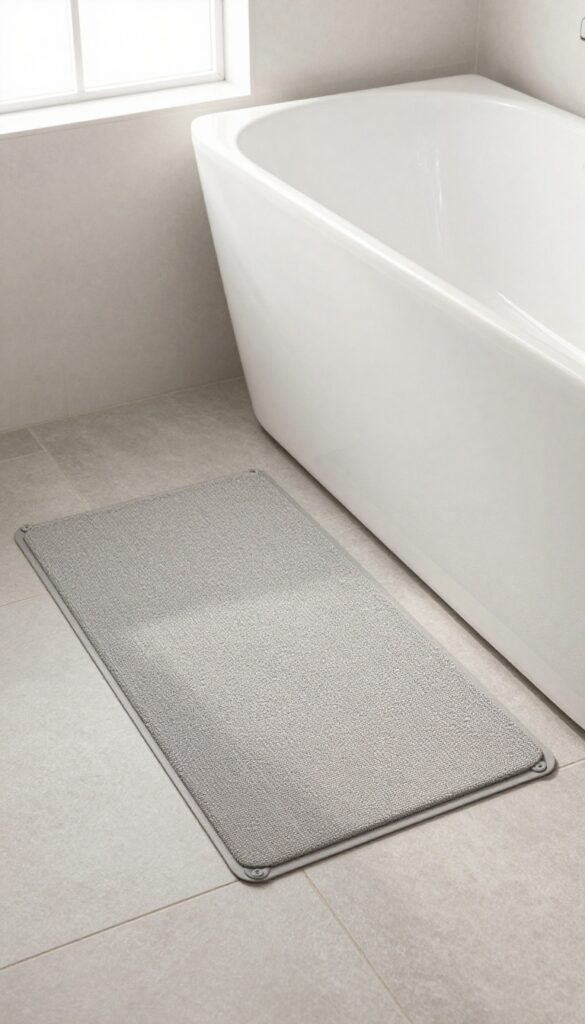 Non-slip bath mat with suction cups on a wet tub floor in a bright bathroom