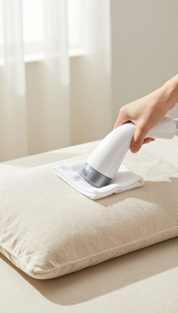 Person steam cleaning a couch cushion with a handheld steamer, using a dry cloth to blot excess moisture.
