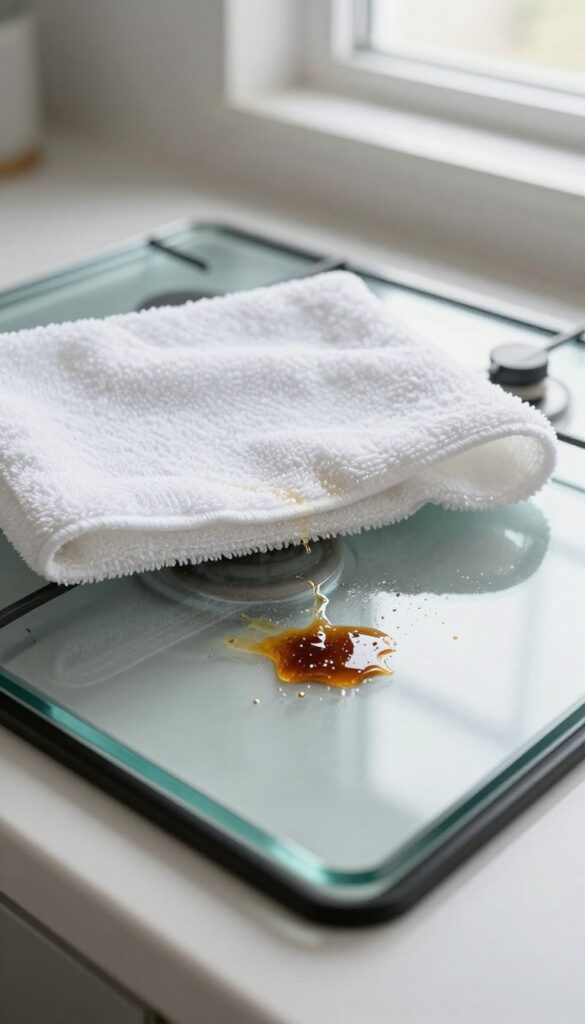 Damp towel on glass stove top over burnt sugar spill