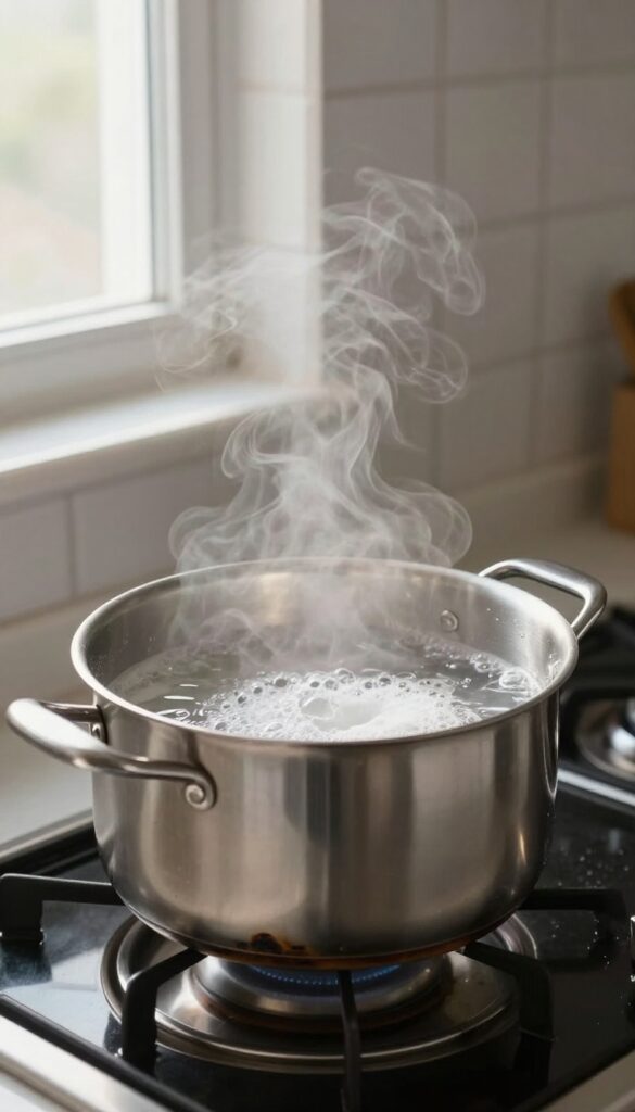 Boiling water with baking soda in a burnt stainless steel pot on a stove