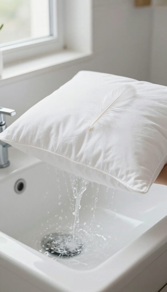 Warm water gently running over a white feather pillow in a clean bathroom sink, soft natural light, fluffy texture visible.