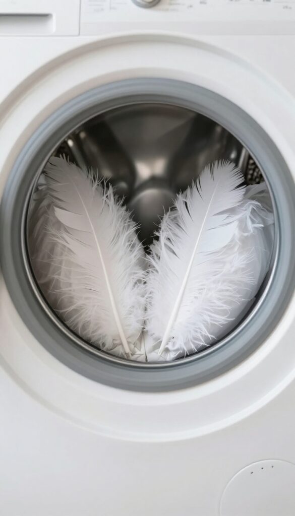 Two white feather pillows balanced in a washing machine drum for even cleaning