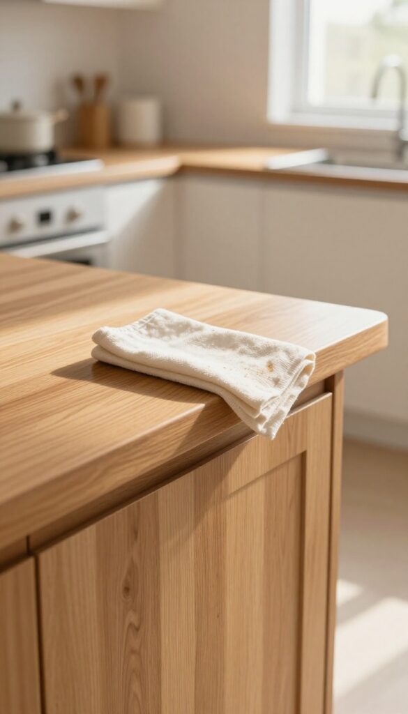 Polishing wood kitchen cabinet with a soft cloth, warm natural light, clean kitchen background