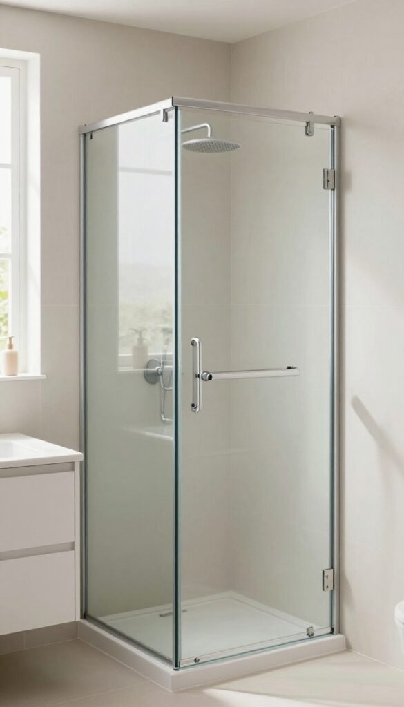 Small bathroom with frameless sliding glass shower door, clear glass, natural light, minimalist design