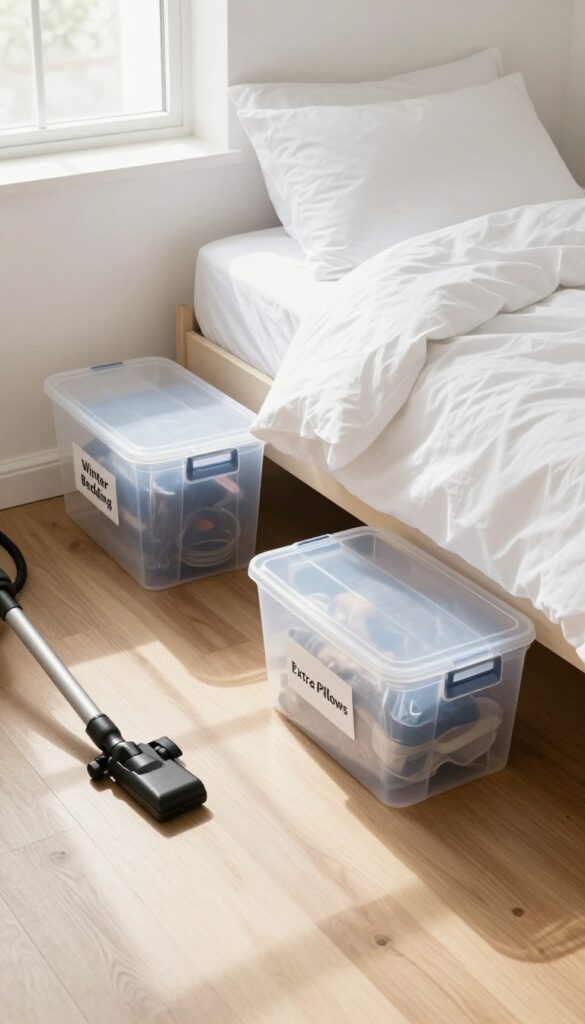 Clean organized space under a bed with clear storage bins and natural light