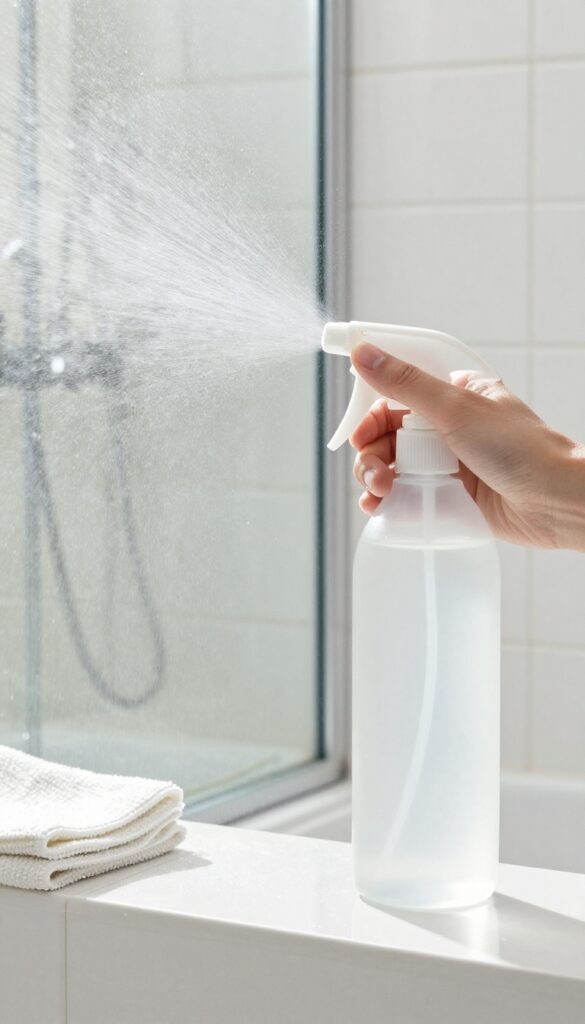 Spraying rubbing alcohol and water mist on a clean glass shower door